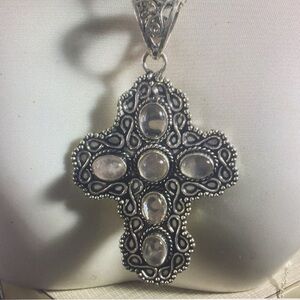 Silver Gothic Cross Necklace with Moonstone Cabochons